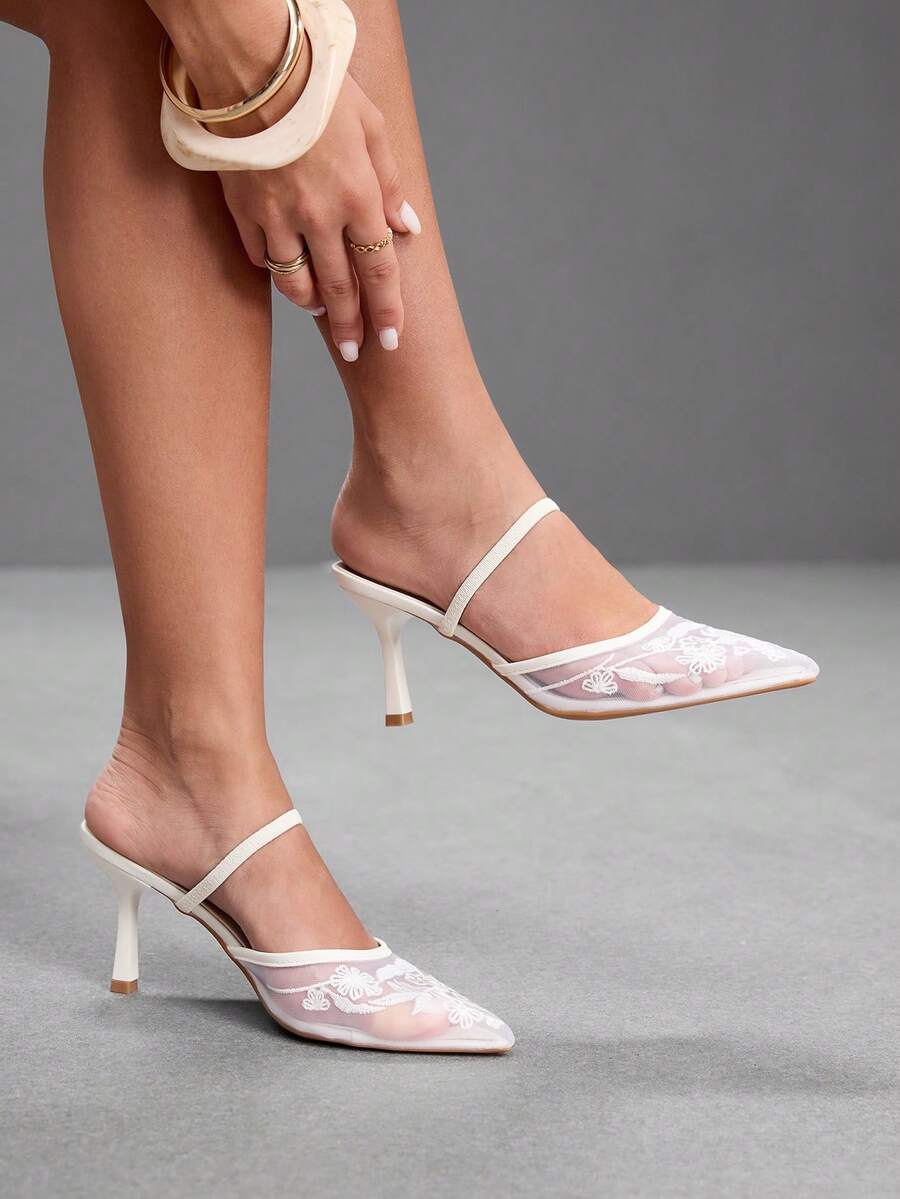 CUCCOO SZL Women's Fashion Elegant Embroidered Pointed Toe Mesh High Heel Pumps Spring Shoes - Chantilly - View 1