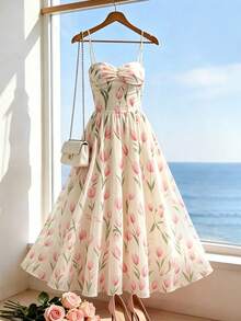 Rafferiza 2026 Summer New Women's Elegant Fashion Young Minimalist Spaghetti Strap Tulip Pattern Dress Daily Wear Long Holiday Vacation Floral Pink - Multicolor - View 4