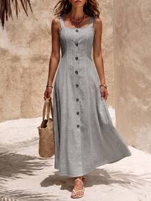 Balvessa Women's Blue And White Stripe Button-Front Vest-Style Midi Dress Casual Coastal Chic Vacation Wear For Spring Summer - Black - View 5