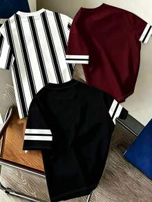隨機 3 件發 1 件 春夏男童時尚新品，個性化騎士圖案拼色條紋短袖上衣，休閒舒適帥氣酷炫，吸睛夏日風格，適合拍照穿搭 - 彩色 - 查看 7