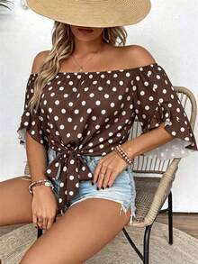 EMERY ROSE Plus Size Women's Summer Off-Shoulder Tie-Front Ruffle Cuff Polka Dot Blouse - Coffee Brown - View 4