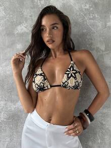 Aloruh 女款春夏新款純色黑色泳衣黑色比基尼上衣 華麗派對裝飾鉚釘與亮片裝飾辣妹音樂節穿搭 女款度假穿著女款海灘裝 - 彩色 - 查看 5