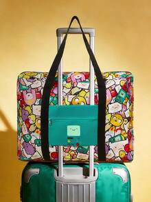 ADVENTURE TIME X SHEIN 1件裝探險卡通遊戲機主題可折疊旅行托特包，輕量聚酯纖維行李套袋，附行李箱手提帶，大容量隨身攜行袋，適合旅行購物，卡通迷與旅行愛好者的完美禮物 - 湖水藍 - 查看 3