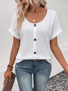 SHEIN Solid White U-Neck Short Sleeve Blouse, Textured Fabric Top With Decorative Button Front For Women Brunch Summer Casual - White - View 6