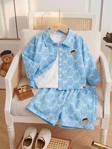 Souflis Souflis 3 pièces Ensemble de chemise à manches longues imprimée avec boutons, gilet sans manches à col rond et short pour bébé garçon, style décontracté et mode, convient pour le printemps/été, les vacances, les sports, le collège, les fêtes et la photographie, ensemble pour bébé garçon, tenue d'été pour bébé garçon, vêtements pour tout-petit garçon, ensembles d'été, ensemble décontracté pour bébé garçon, vêtements d'été pour garçons - Bleu azur - Voir 11
