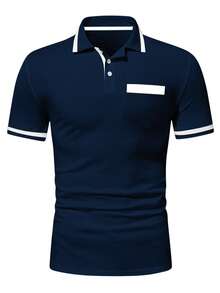Calvornis Kemeja Polo Pria Lengan Pendek Warna Kontras Kasual untuk Perjalanan Sehari-hari, Acara Formal - Navy Blue - View 4