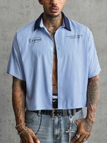 AXEPEAK Men's Navy Blue Single-Breasted Short Sleeve Shirt Back-To-School Vacation Streetwear - Blue - View 5