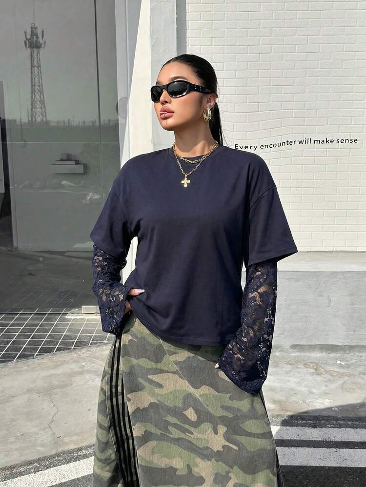 Muchica Camiseta de mujer talla grande con cuello redondo, manga larga y diseño de patchwork de encaje - Azul Marino - Añade 5