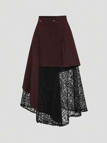 Sweetra Women's Spring/Summer Black Asymmetrical Cutout Lace Patchwork Blazer Skirt, Slimming Mid-Length - Burgundy - View 3