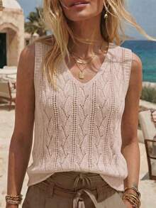 SHEIN Summer Casual Solid Color Sleeveless Knit Top - Dusty Pink - View 8