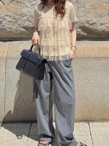 FRIFUL 女款拉鍊網紗層次抓皺設計寬鬆休閒百搭夏季音樂節度假T恤 - 杏色 - 查看 4