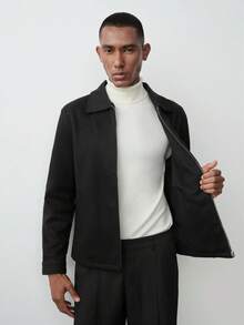 MENRIVO Men's Casual Solid Color Zip-Up Collar Long Sleeve Overcoat - Black - View 3