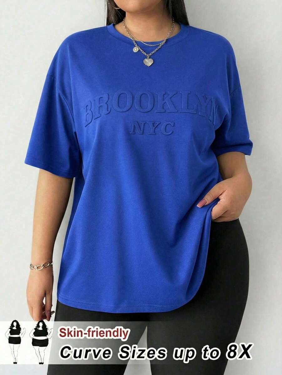 SHEIN CURVE+ 大码女式字母压纹圆领休闲百搭日常短袖T恤 - 藏蓝色 - 查看 1