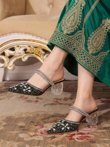 CUCCOO TILAWA Sepatu hak tinggi wanita berwarna hitam dengan hiasan kristal dan rhinestones yang modis dan elegan, cocok untuk perjamuan, pesta, dan acara lainnya. - hitam legam - View 8