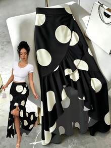 SHEIN Elenzya Women's Vintage Polka Dot High Waist Asymmetrical Ruffle Hem Split Maxi Skirt Y2K Sexy Black White Polka Dot Asymmetrical Ruffle Hem High Waist Flowy Long Skirt Summer Boho Polka Dot High Waist Asymmetrical Ruffle Split Hem Maxi Skirt For Vacation Elegant Polka Dot Asymmetrical Ruffle Hem High Waist Maxi Skirt For Women - Black - View 1