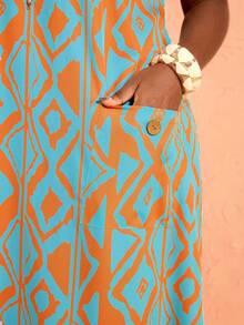 BrightlyHer Plus Size Geometric Print Pocket Round Neck Casual Vacation Dress - Multicolor - View 8