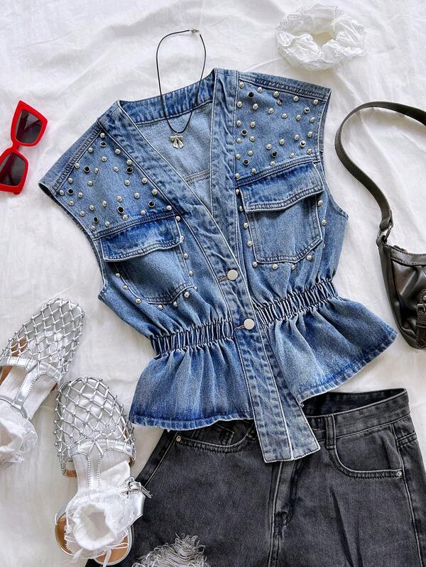 Soleia New Back To School Casual Vacation Western Beach Wedding Guest Outfit Graduation Brunch Women's Clothing St. Patrick's Day Spring Break Easter Music Festival Elegant Bohemian Tropical Elegant Vacation Denim Metallic Decor Rhinestone Decor Women's Vest Jacket