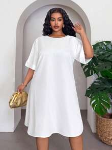 Slaydiva Plus Size Women's Tunic Dress, Solid Color Rolled Short Sleeve Loose Shift Dress, Business Casual Daily Commute Curvy Mini Dress Holiday White Summer - White - View 9
