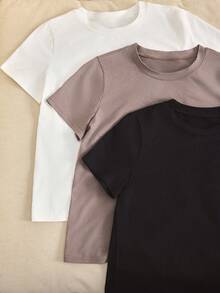 Wedaily 3pcs Women's Basic Casual Comfortable Minimalist Knit Black, White, Brown T-Shirts, Home Wear Tops, Spring/Summer - Multicolor - View 5