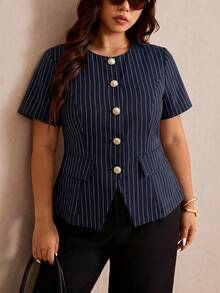 Elaquor Plus Size Women's Business Navy Blue Metal Button Short Sleeve Round Neck Blouse Casual Office Teacher Formal Work Elegant Daily Summer Teachers' Day - Navy Blue - View 5