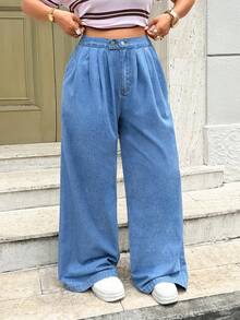 Rivivi High Waist Loose Pleated Double Button Plus Size Denim Jeans Light Blue Summer Simple - Blue - View 6