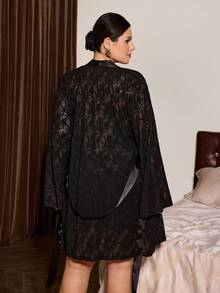 Slumberist Plus Size Mature Sexy Cowl Neck Satin Camisole Nightgown And Knit Jacquard Mesh Robe 2pcs Set - Black - View 2