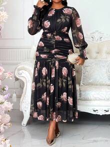 SHEIN Lady CURVE 大尺碼優雅通勤花卉印花洋裝 - 彩色 - 查看 6