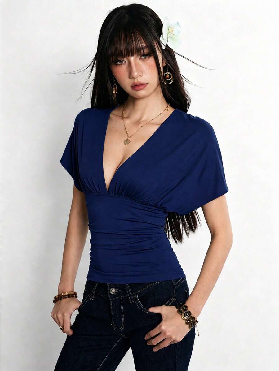 Rina Fox 女款薄荷藍深V領露背綁帶短袖性感修身上衣 - 藏蓝色 - 查看 1