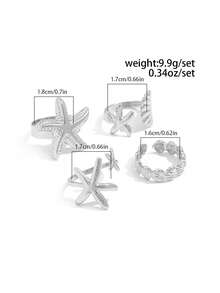 ROMWE Fairycore 4pcs Fashion Ocean Style Rings - Shiny Starfish, Shell, Geometric Metal Rings, Open Ring. Gifts For Women, Daughters, Wives - Silver - Starfish Ring - View 5