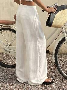 DAZY Women's Loose Casual Versatile Solid Color Pants Petite - White - View 2
