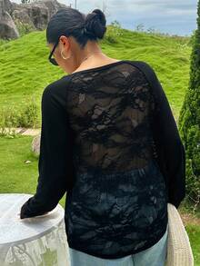 Dazy Plus Solid Color Large Scoop Neck Half-Open Placket Long Sleeve T-Shirt Spring/Summer - Black - View 2