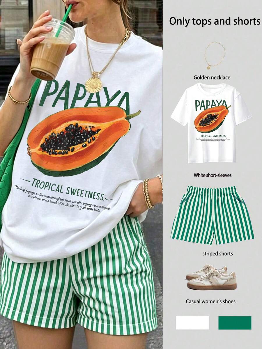 Sundraya Summer Women's Papaya Slogan Print T-Shirt And Striped Shorts Two Pieces Set - Green - View 1