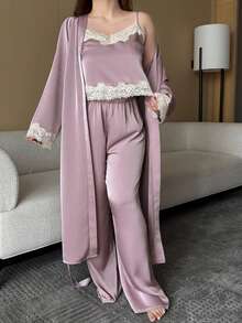 Dazy Plus Conjunto de 3 piezas de pijama romántico y elegante para boda con bata de satén, camisola de encaje con patchwork y pantalones largos, talla grande para mujer, primavera, verano y otoño - Rosa - Ver 1