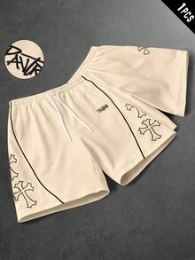 PAVTROS Men's Striped Cross Pattern Print Pocket Drawstring Waist Casual Shorts - Apricot - View 6