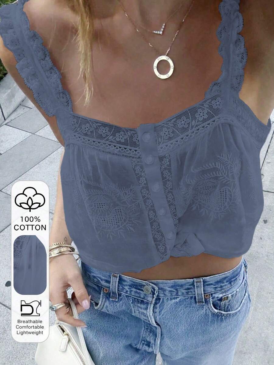 DAZY Women's Summer Casual Boho Cottage Core Tropical Solid Color Embroidered Tank Top Vacation Dusty Blue - Blue - View 1