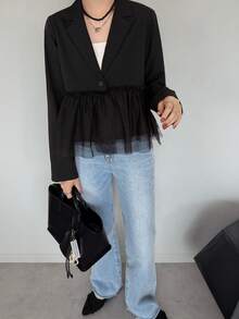 FRIFUL Women's Early Autumn New Korean Style Patchwork Sheer Mesh Pleated Blazer - Black - View 3