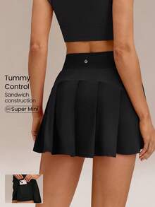 GLOWMODE 4.5" Comfy Stretchy 360° Tummy Control Ultra High-Waist V-Shaped Hip Ruffle Workout Skirt With Built-In Shorts Tennis Golf Daily Quick-Dry - Black - View 1