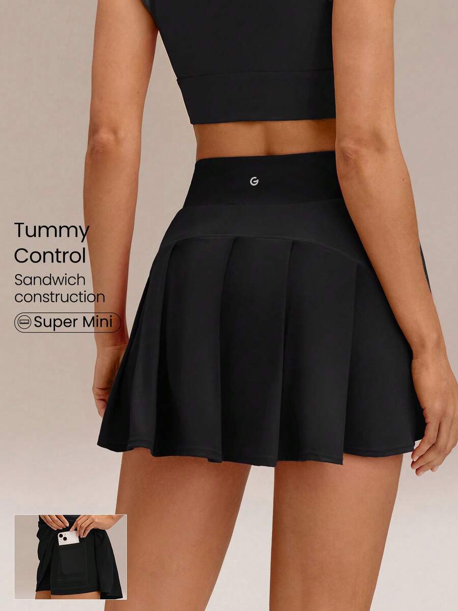 GLOWMODE 4.5" Comfy Stretchy 360° Tummy Control Ultra High-Waist V-Shaped Hip Ruffle Workout Skirt With Built-In Shorts Tennis Golf Daily Quick-Dry - Black - View 1