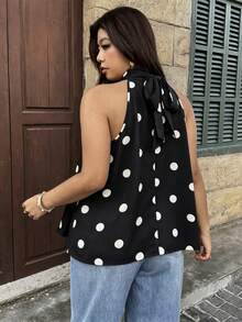 Vionelle Plus Size Polka Dot Sleeveless Back Tie Bow Women's Top - Black - View 2