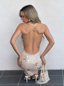 Allurite Champagne Starfish Sequin Spaghetti Strap Mini Dress Chain Tie Open Back Bodycon Y2K Coastal Women Summer Beach Festival Birthday Cocktail PartyOutfit - Apricot - View 9