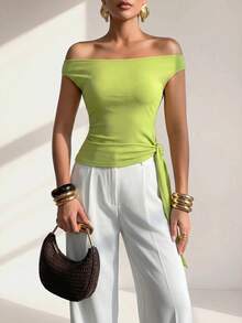 Structelle Summer Casual Solid Color Off-Shoulder Tie-Front Top - Green - View 6