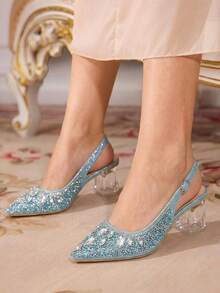 CUCCOO TILAWA Women's Crystal Heel Glass Rhinestone Pointed Toe Pink High Heel Pumps, Suitable For Outings, Banquets, Parties And Other Events - Baby Blue - View 8
