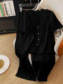 SHEIN LUNE 大尺碼優雅提花針織蕾絲通勤休閒日常夾克與長褲 2件組，適合派對與下午茶，春季/夏季 - 黑色 - 查看 1