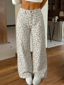 SHEIN PETITE Petite Size Women's High Waisted Grey Leopard Print Loose Wide Leg Floor Length Jeans, Vintage Street Wear Y2k Casual Everyday Night Summer - White - View 2