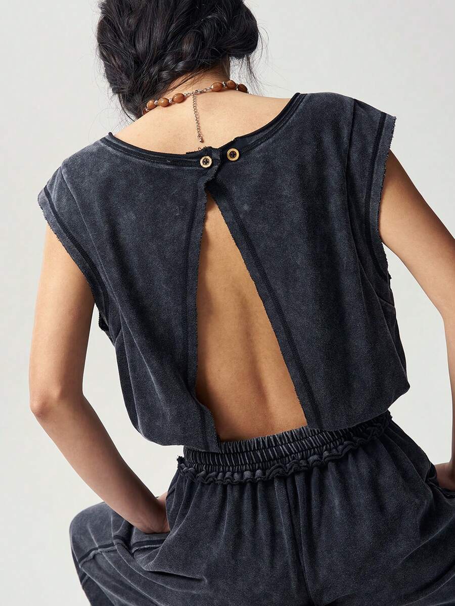Bohemela Jumpsuit Rajut Polos Kasual untuk Wanita, Cocok untuk Acara Santai Sehari-hari, Musim Panas, Warna Abu-abu Gelap - Hitam - View 1