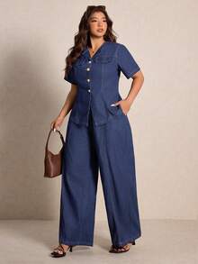 Elaquor Plus Size Women 2pcs Set: Short Sleeve Single-Breasted Denim Shirt And Denim Pants - Medium Wash - View 6