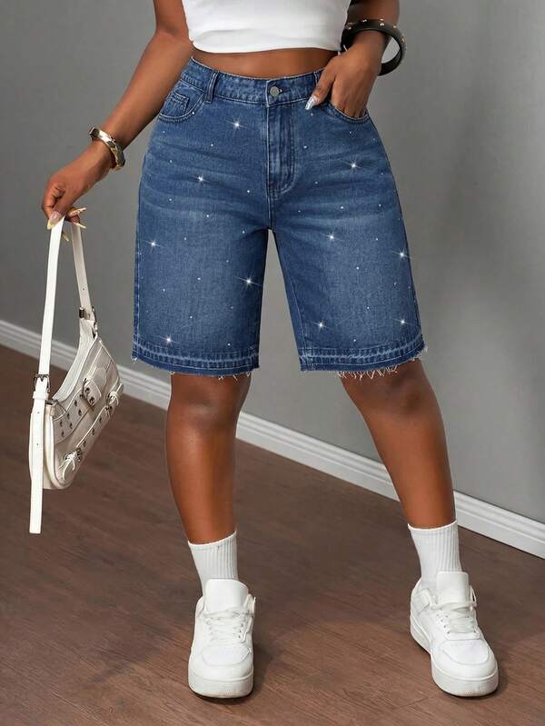 Slaydiva Plus Size Women's Rhinestone Embellished Pocket Button Fashion Denim Bermuda Shorts, Versatile Top, Festival, Casual Streetwear, Commute Brunch, Blue