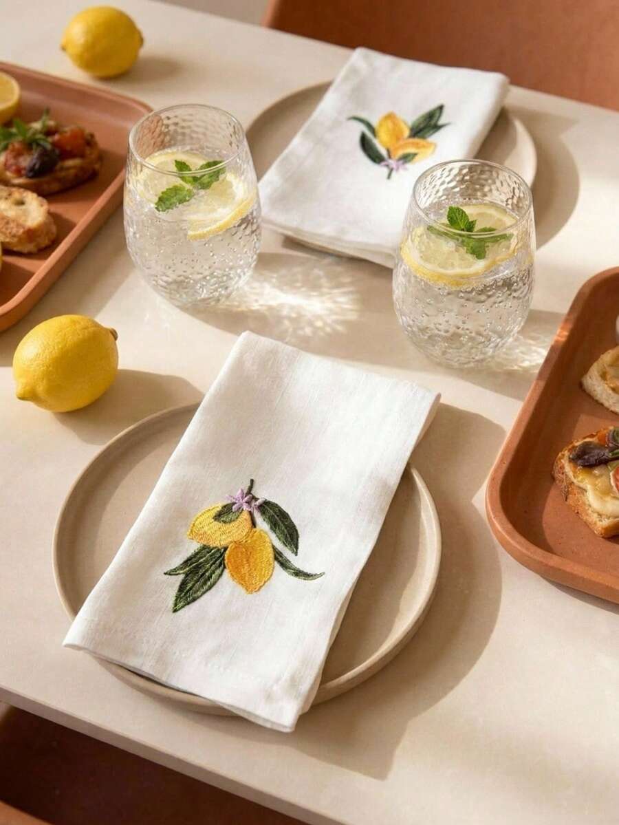 Cirelle 1/2/4入 新鮮檸檬刺繡布餐巾，米色棉麻可重複使用布餐巾，多用途晚餐餐巾/餐墊，適用於廚房餐桌、節日、派對、婚禮、農舍風格用餐與居家裝飾 - 黃色 - 查看 1