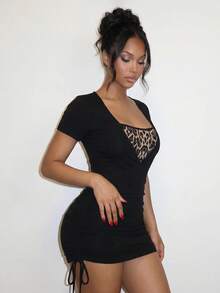 EgrlEra Halter Neck V-Neck Slim Fit Bodycon Dress, Everyday Sexy Versatile Waist-Cinching Club Night Black And White Leopard Print Summer - Black - View 5