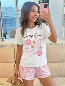 SHEIN Tween女孩休閒極簡可愛軟綿奶油白Salty Soul甜美海星貝殼珍珠蝴蝶結印花短袖T恤與粉色條紋短褲套裝，圓領短袖短褲，適合夏季與秋季 - 粉色 - 查看 3